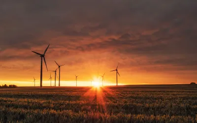 Windfarm against sunset